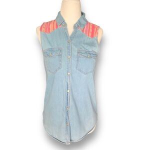 Mudd Shirt Western Style Chambray Denim Pearl Snap‎ Sleeveless Southwestern
